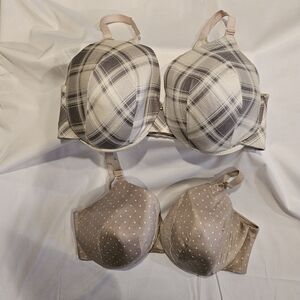 Cacique 46DDD Back Smoothing Bra Bundle Plaid & Taupe Polka Dot Full Coverage